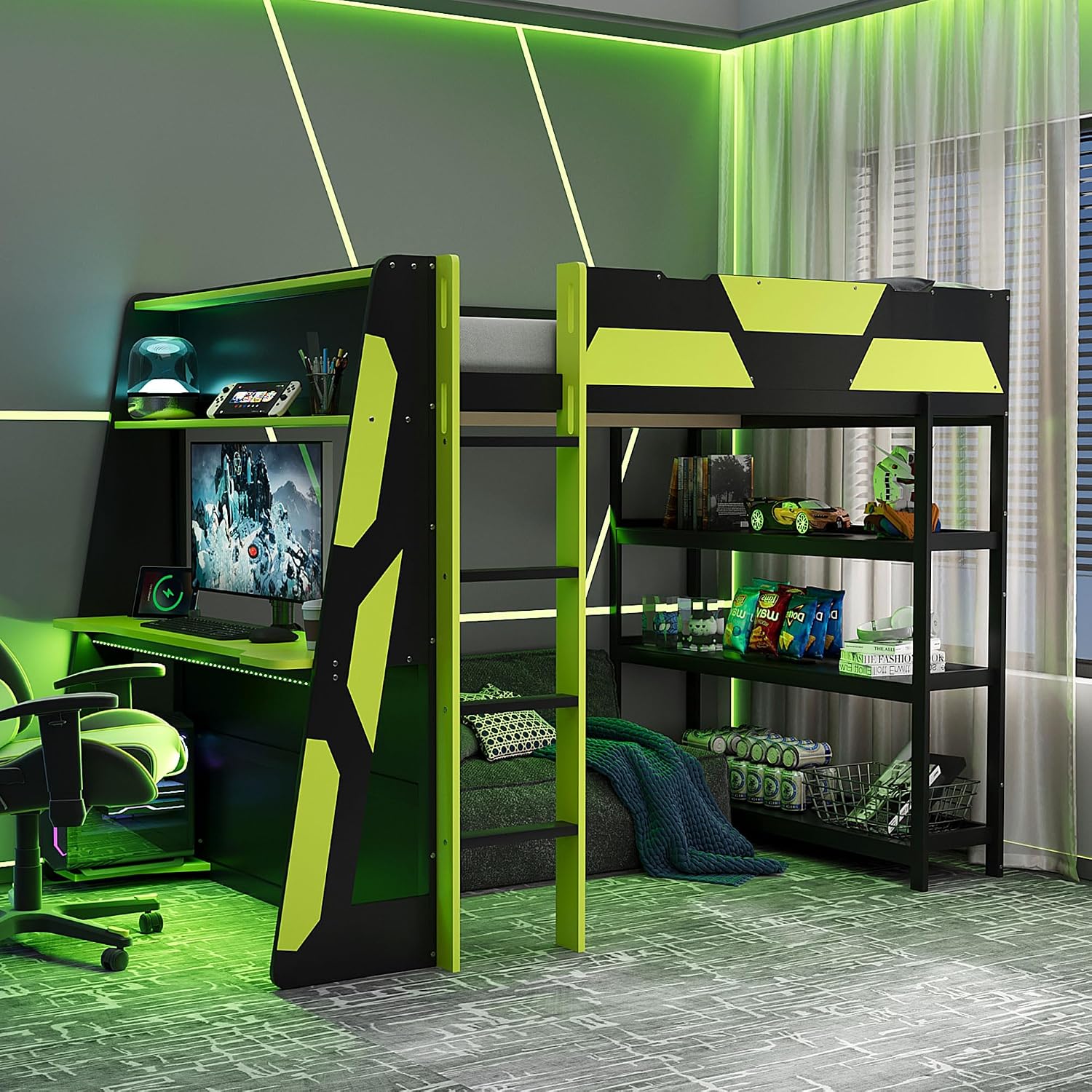 Gaming Desk With Hutch - Gaming-hoogslaper op ware grootte met bureau,