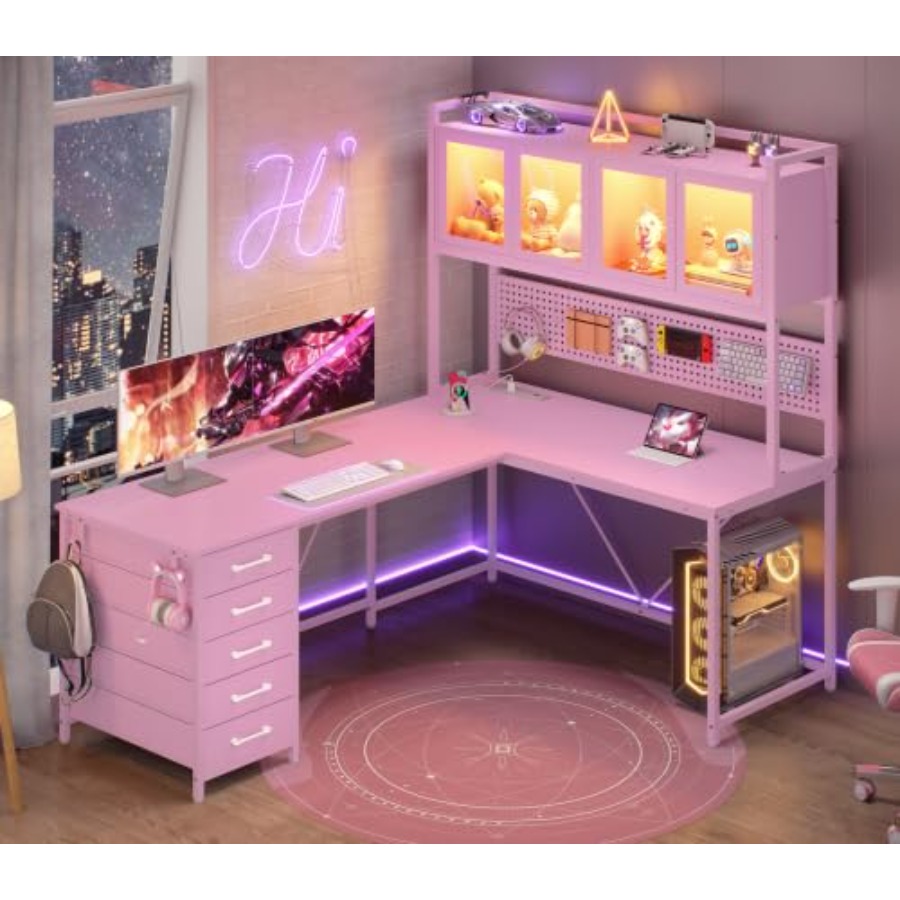 Gaming Desk With Hutch - L-vormig gaming-hoekbureau met laden, bovenkast en