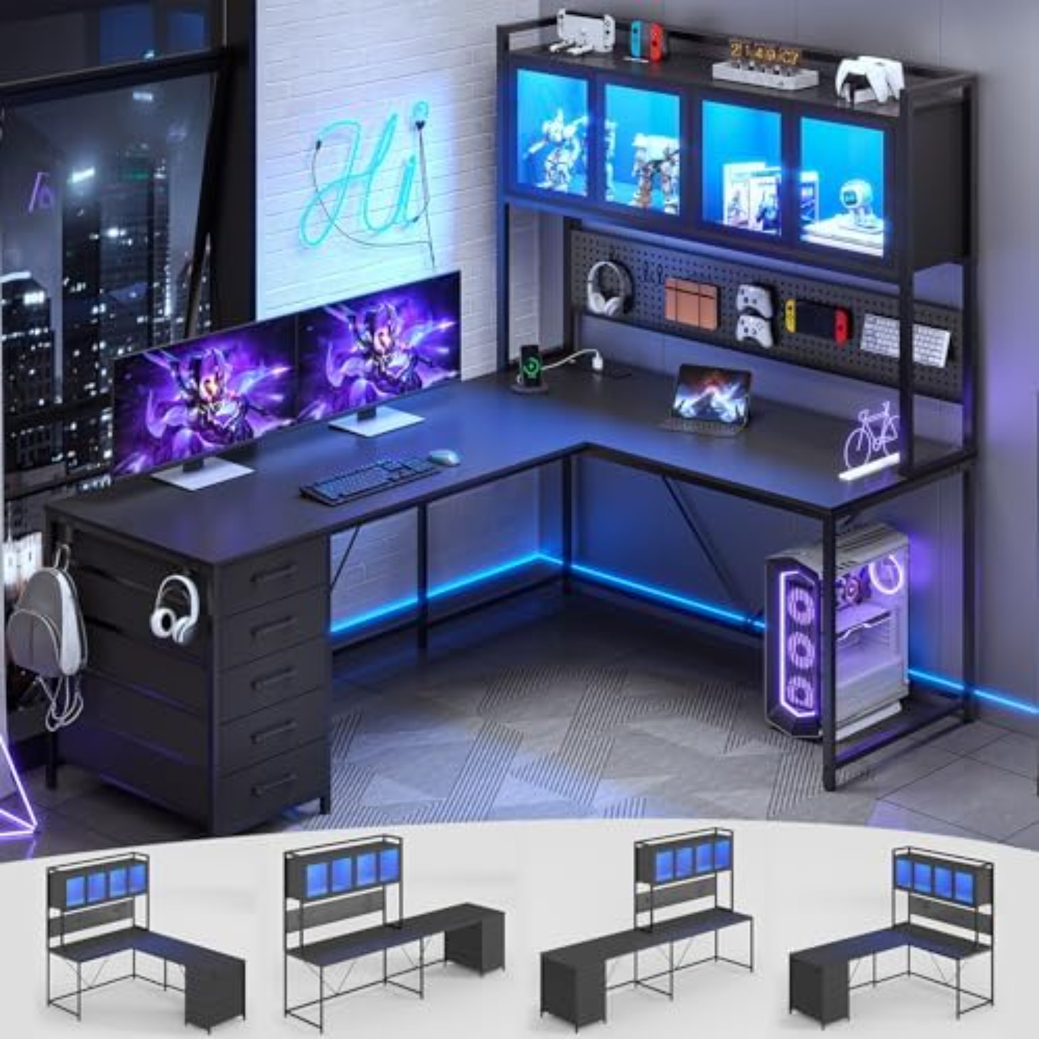 Gaming Desk With Hutch - L-vormig gaminghoekbureau met laden, bovenkast en